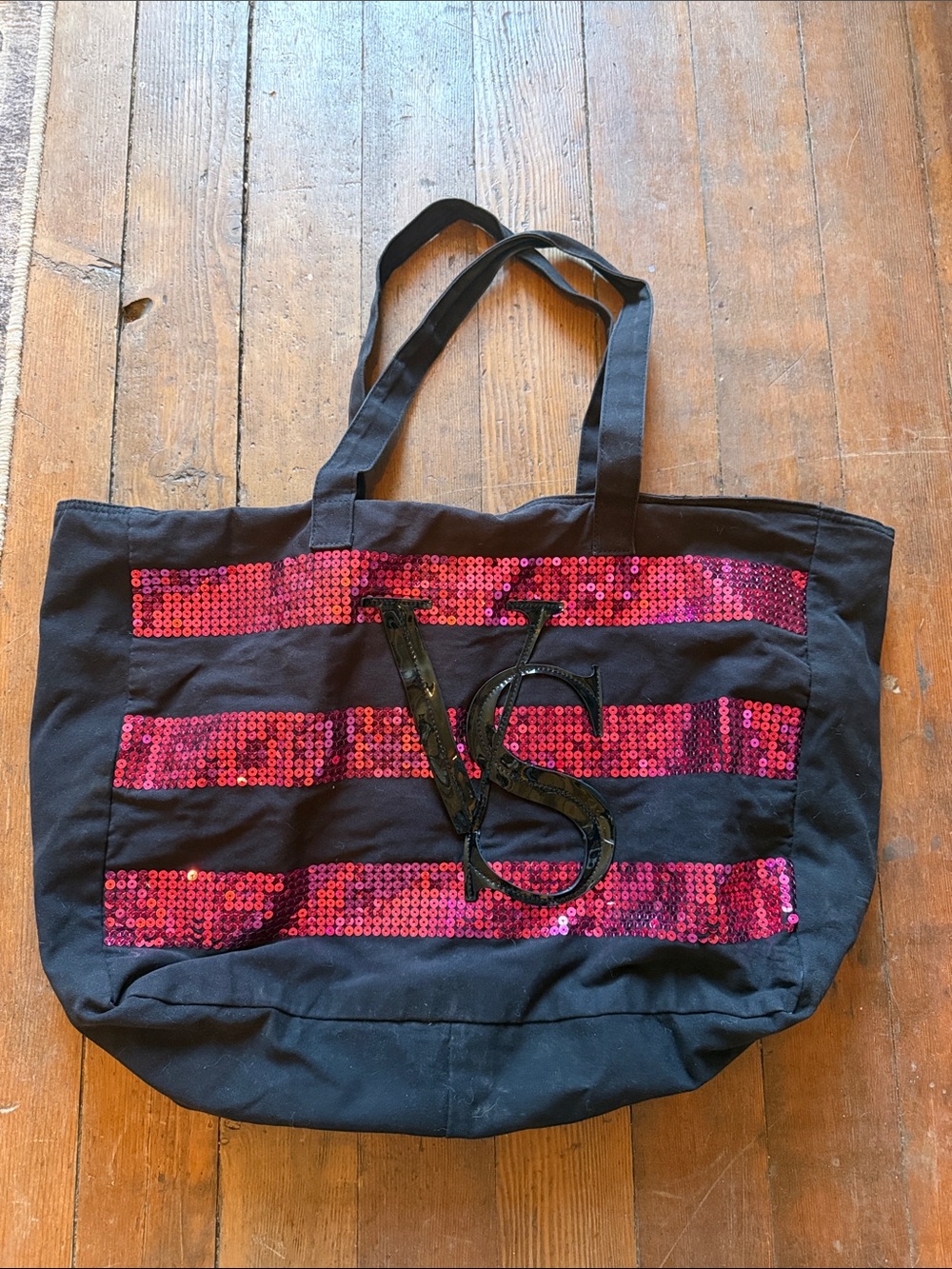 Victoria's Secret Black Tote with Pink Sequin Stripes